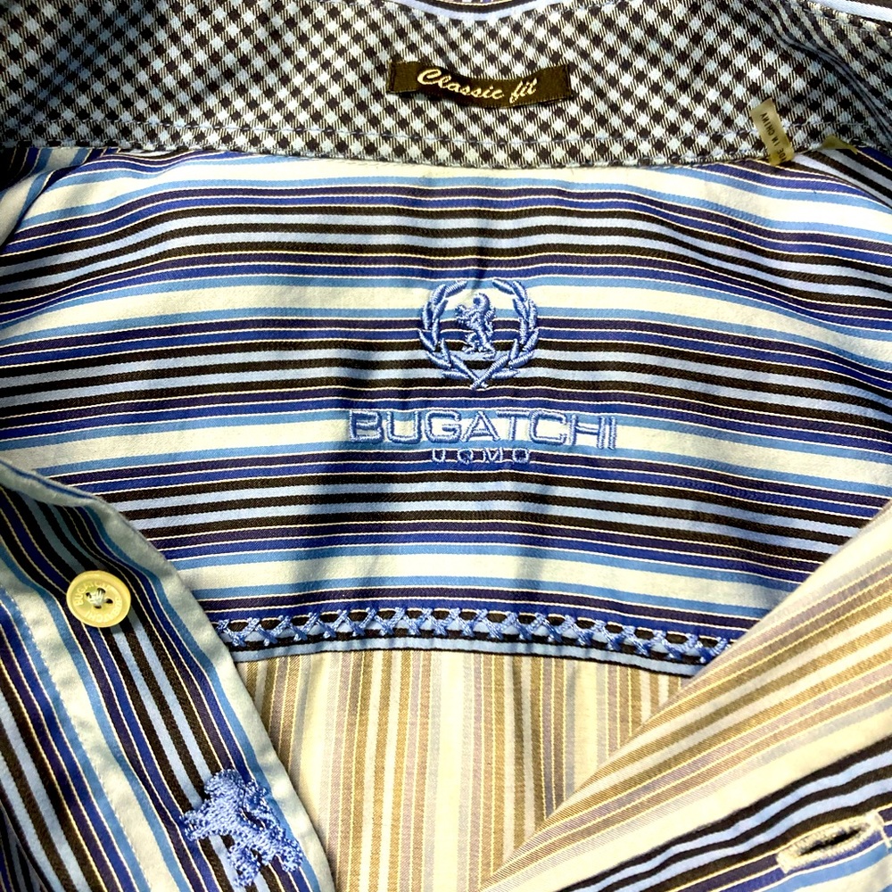 Bugatchi Uomo Shirt M Blue stripe flip cuff - Picture 5 of 8